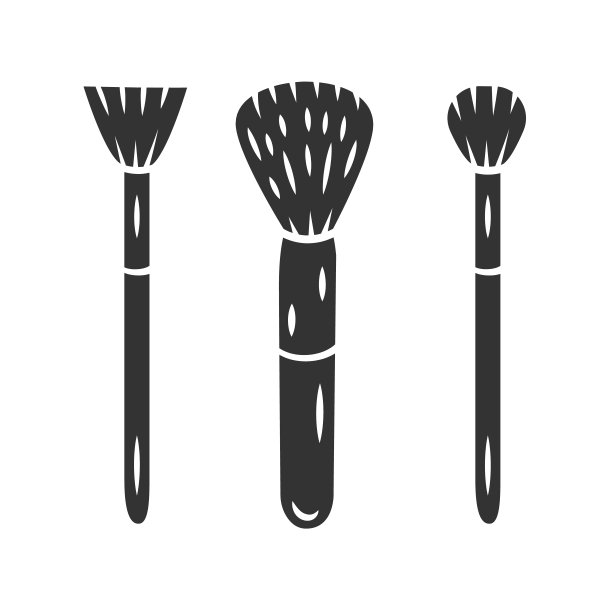 化妆品配件，化妆工具字形图标集。专业美容师设备剪影符号。美容店产品矢量孤立插图。粉底和遮瑕刷图片下载