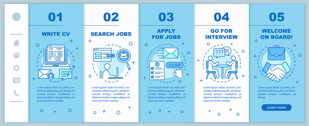 工作搜索在线移动网页矢量模板。工作指令。写简历，申请工作，面试，找工作。响应式智能手机网站界面。网页演练步骤屏幕图片下载