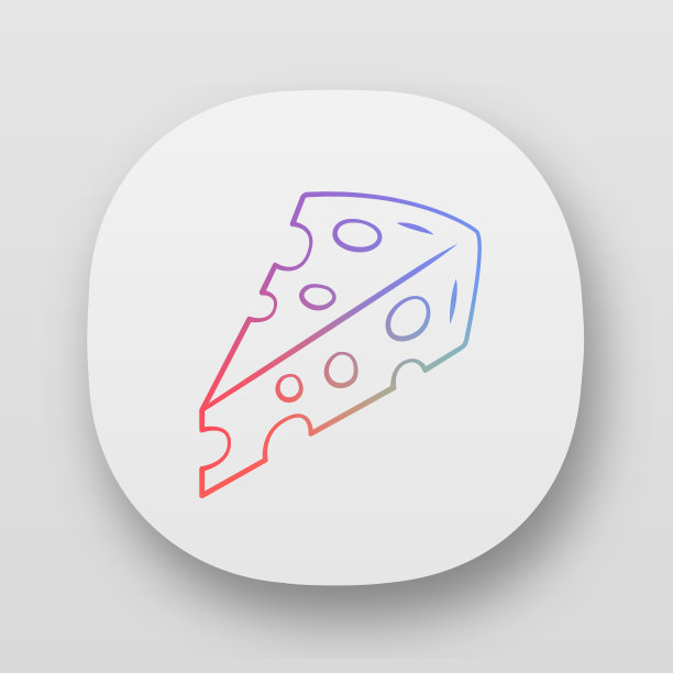 奶酪片应用程序图标。有机乳制品，美味的开胃菜。UI / UX的用户界面。切达干酪三角片。Web或移动应用程序。瑞士硬奶酪与孔矢量孤立插图图片下载