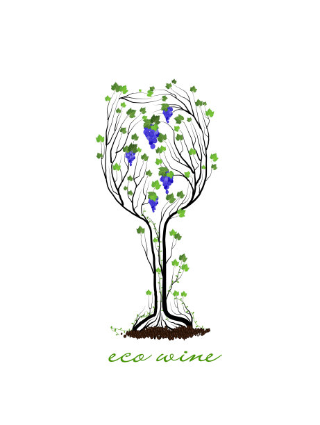 Eco葡萄酒概念，一杯葡萄酒看起来像白色背景上的葡萄枝，图片下载