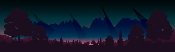 山上的夜空。大森林。远处是城市的灯光。美丽的风景。向量素材图片