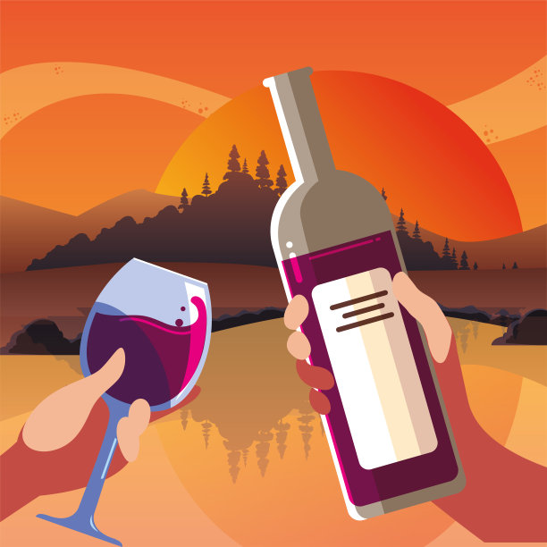 手握酒瓶和酒杯的景观矢量设计面前图片下载