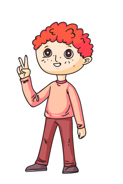 红头发的男孩在白色衣服上做出胜利的手势图片下载