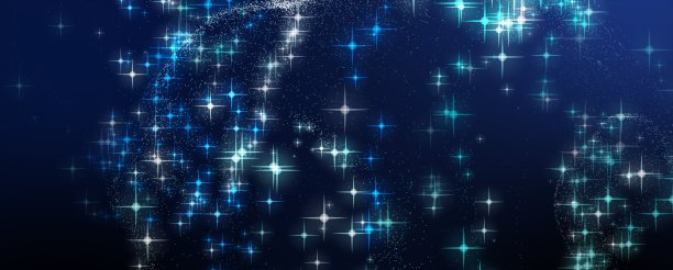 星火蓝色星星尘埃模糊散景夜空为网络横幅宽屏背景。3D图形星星闪闪发光。图片下载