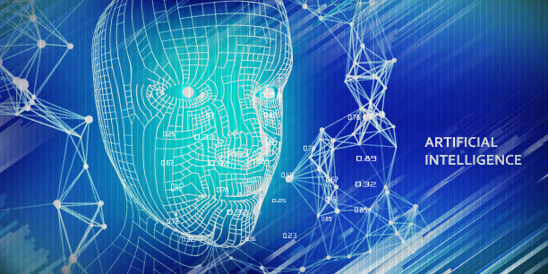 抽象的未来主义蓝色背景。机器人线框头概念。人工智能的概念技术说明。人工智能的概念。3 d演示。图片下载