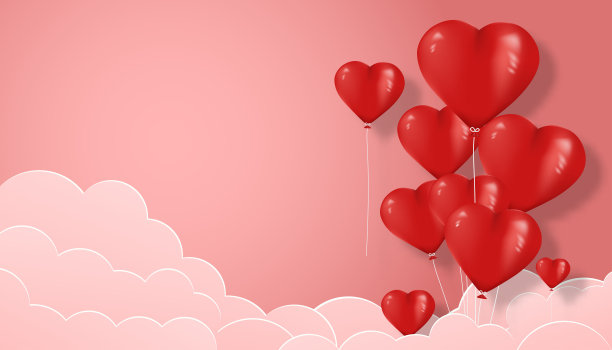 情人节的概念。美丽的心和粉红色的背景上的云。矢量插图设计。素材图片