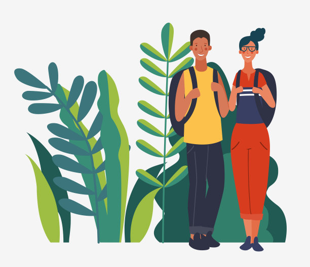 一对背着背包微笑的年轻夫妇。旅游，假期，假期和冒险矢量概念插图。夏天的风景背景。海报的设计风格素材图片