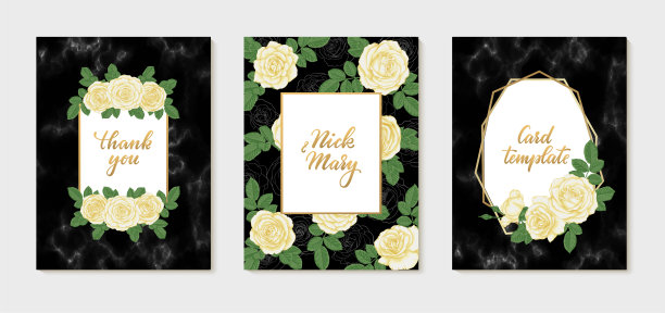 一套豪华婚礼请柬，金色几何多边形线条，大理石纹理，白玫瑰。设计婚庆、生日、情人节、母亲节、周年纪念日贺卡。图片下载