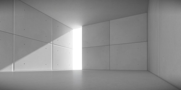 抽象的建筑空间与节奏的混凝土块与阳光投阴影在墙上。3 d渲染。图片下载