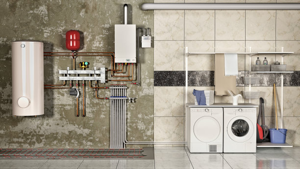 锅炉系统和洗衣房旁边的墙壁，3d插图图片下载