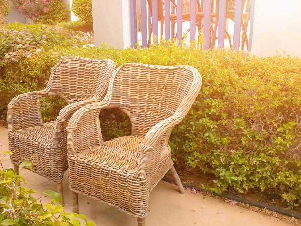 两把藤椅并排放在夏季的花园里图片下载