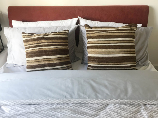 现代卧室室内设计与棕色图案枕头在床上图片下载