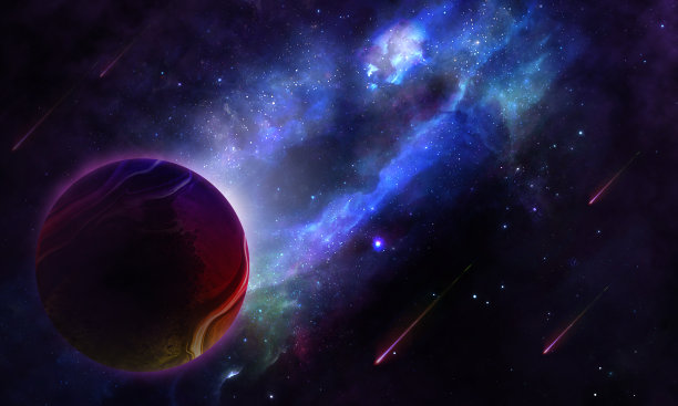 抽象的空间插图，明亮的行星，流星和蓝色的光图片下载