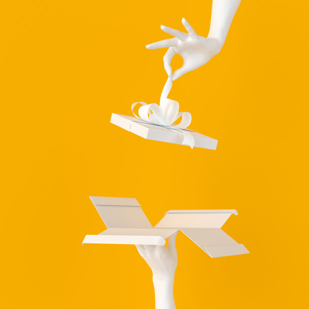 白色礼品内呈现横幅-打开礼盒和打开包装的白色手孤立在黄色背景，周年礼物模板，销售概念，3d插图图片下载