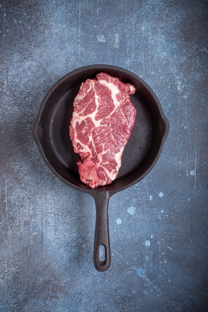 上面平底锅上的生牛排图片下载