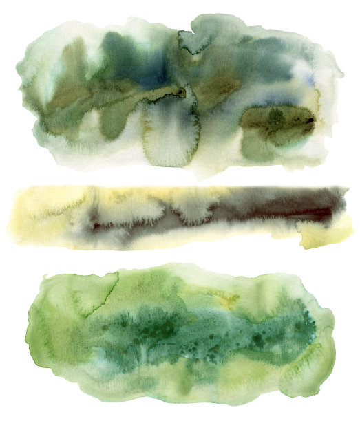 水彩纹理与金色，绿色和蓝色点设置。手绘美丽的插图与污点孤立的白色背景。用于设计、印花、织物或背景。图片下载