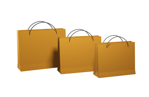 给买家三个打折的硬纸板纸袋，棕色的，白色的。大、小、中。空白的广告。逼真的3 d渲染。图片下载