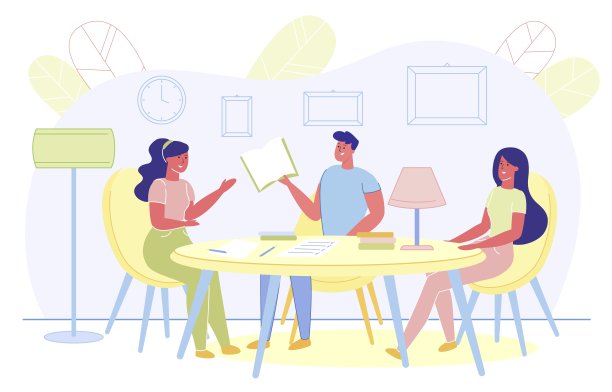 年轻人围坐在圆桌旁学习。图片下载