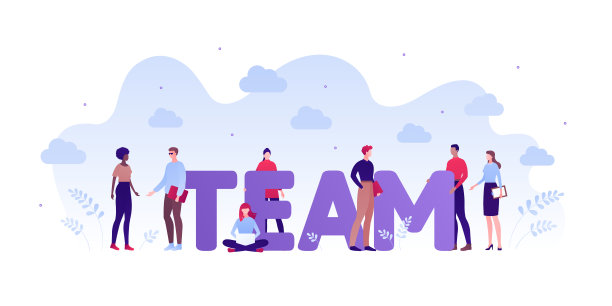 商业团队合作和共同工作的办公室理念。矢量平面人插图。集不同民族员工围绕团队文本。设计元素的旗帜，海报，背景图片下载