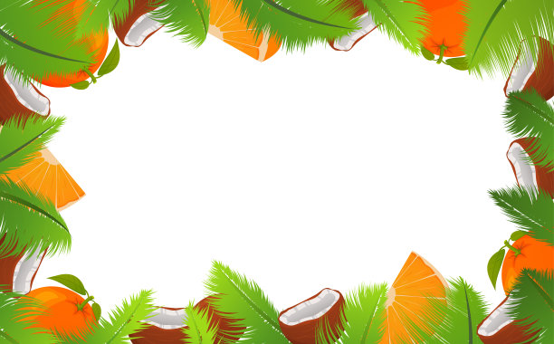 热带模板的旗帜框架与棕榈叶，椰子和橙色。海报完整和破碎的螺母。图片下载