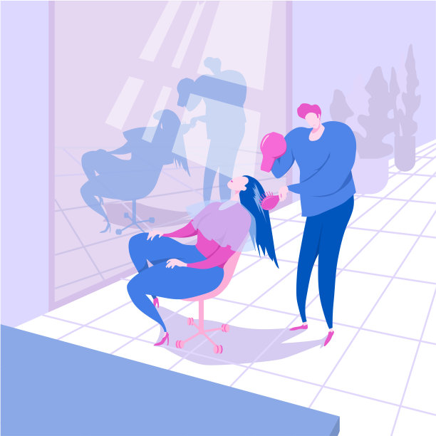 美发师为年轻漂亮的客户做发型。美容院的内部。扁平风格的卡通人物素材图片