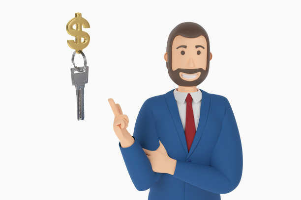 卡通人物，西装革面的商人用手指着金钥匙。三维渲染图片下载