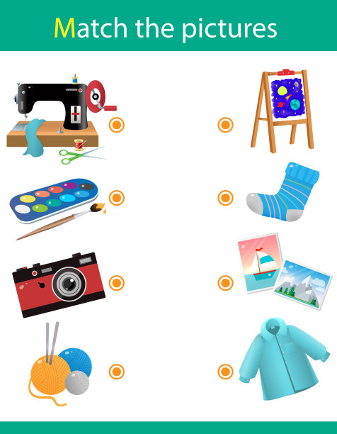 配对游戏，儿童教育游戏。对孩子的难题。匹配正确的对象。爱好、创造力和休闲。图片下载