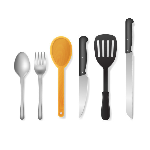 逼真的详细3d不同的餐具集。向量图片下载
