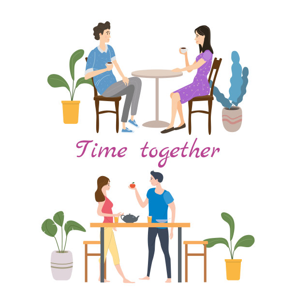 一组情侣在日常生活中相爱或每天例行场景的年轻浪漫的关系。花时间在一起或一起放松——喝茶或咖啡，吃饭。男性的女性角色。矢量插图平面卡通图片下载
