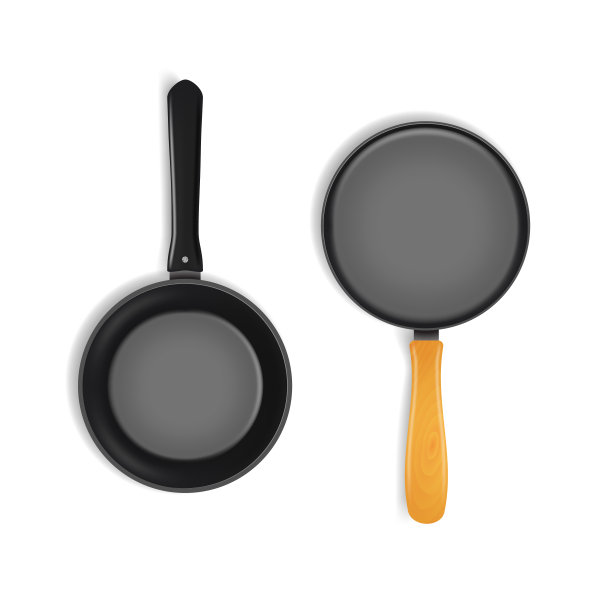 逼真详细的3d黑色煎锅设置。向量图片下载