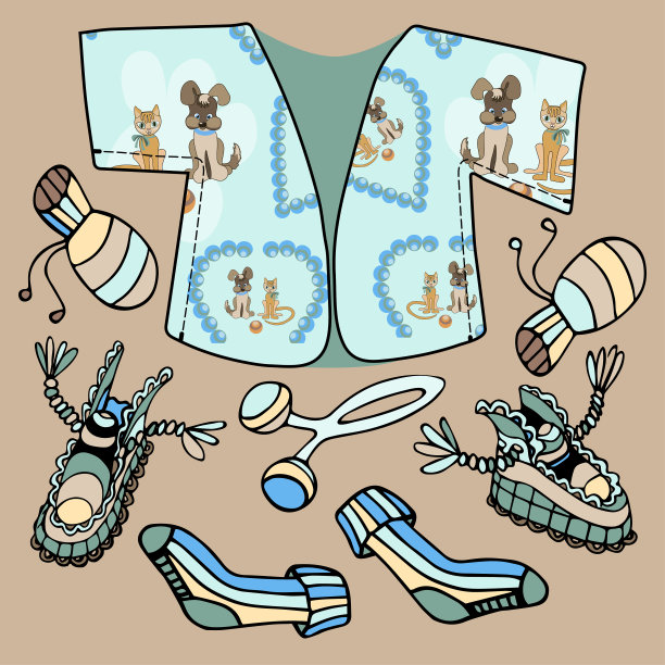 新生儿短袖儿童t恤，无指手套，软鞋，软袜，米色背景的婴儿衣物。婴儿内衣上的图案是无缝的图片下载