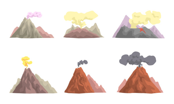 火山爆发集合，火山活动与烟雾矢量插图图片下载