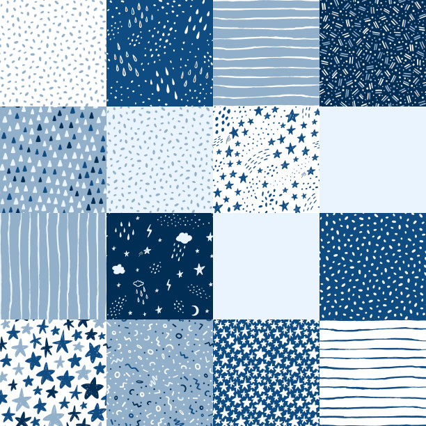 手绘可爱的孩子抽象无缝图案。质朴，波西米亚的简单色彩斑斓的蓝色背景。卡通明星，云，雨，天空，圆点插图图片下载
