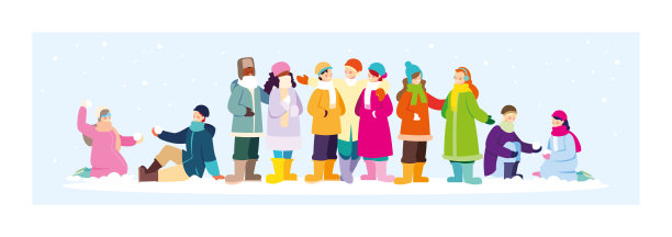 一组人与冬天的衣服在蓝色的背景图片下载