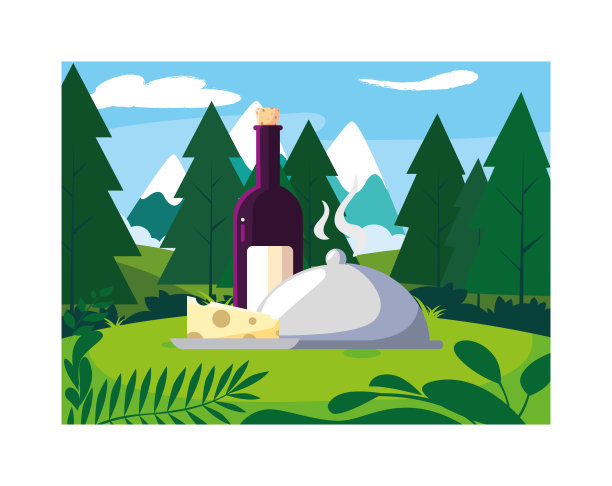 酒瓶和酒杯与背景景观图片下载