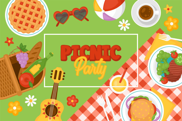 带有篮子、食物和水果顶视图的野餐派对banner设计图片下载