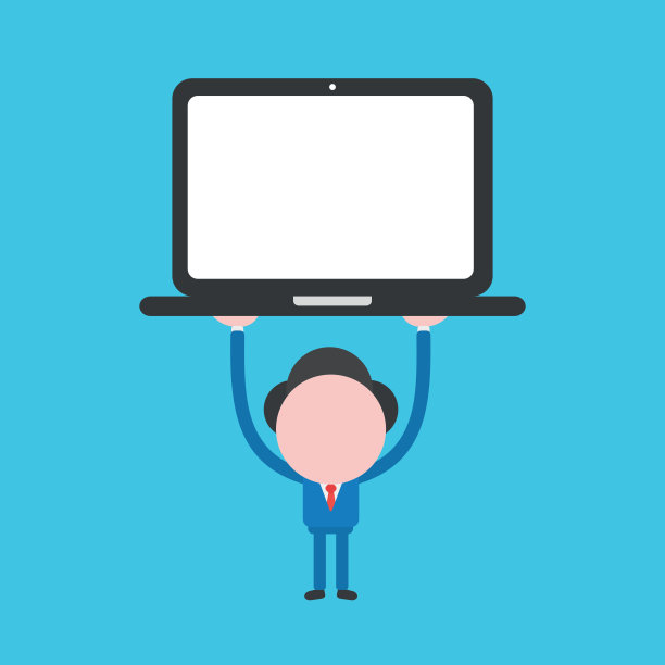 矢量插图概念的商人人物举起笔记本电脑在蓝色的背景。图片下载