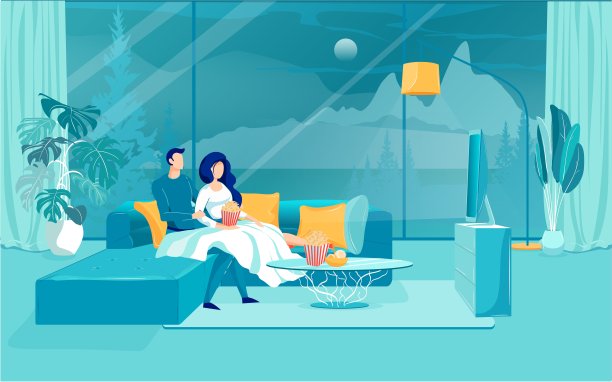 一对夫妇在格子沙发上看电影。图片下载