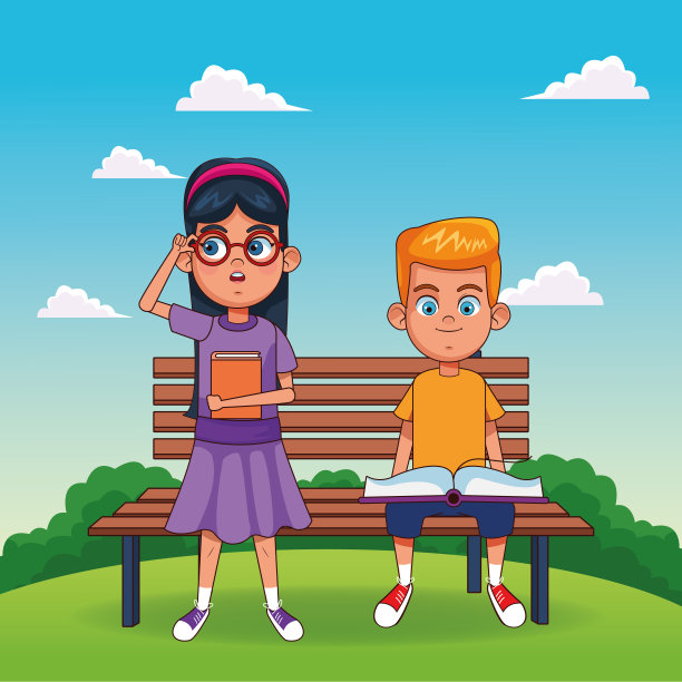 卡通女孩站着，快乐的男孩拿着书坐在长凳上图片下载