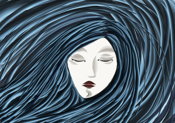 蓝色头发和红色嘴唇的熟睡女人的肖像素材图片