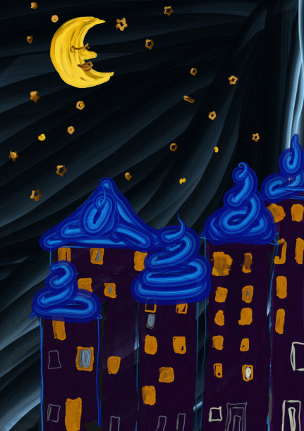 金色的月亮和星星悬挂在城市的蓝色屋顶上图片下载