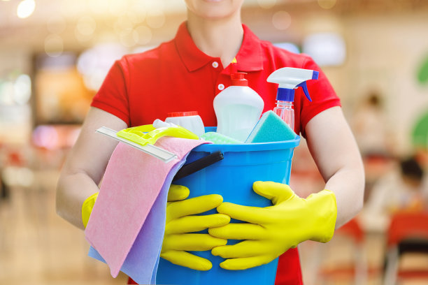 拿着水桶和清洁用品的清洁工。图片下载