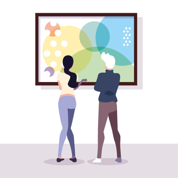 几个人在当代美术馆，参观现代抽象画展览图片下载