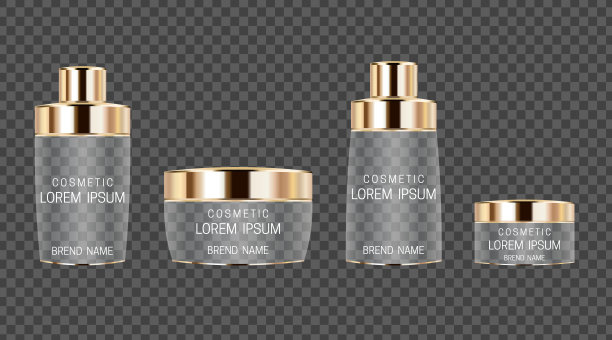 一套逼真的化妆品瓶子。美丽的透明包装设计与金色帽在灰色背景。矢量图图片下载