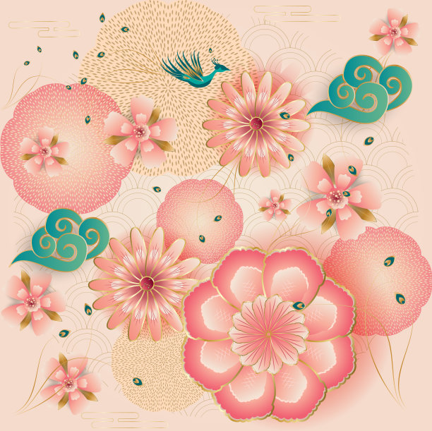 春天百花盛开，樱花绽放，桃花源绽放，雍容华贵的牡丹，花灯、孔雀，图案纸塑艺术风格图片下载