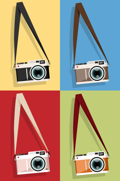 一套相机古董挂在一个螺丝图标，平风格与长阴影在彩色背景。图片下载