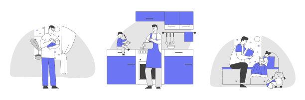 一套单亲父亲从事抚养孩子。爸爸用奶瓶喂儿子，做饭，给女儿读书。快乐的家庭业余时间的孩子和爸爸，卡通平面矢量插图，线艺术图片下载