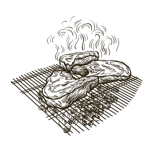 烤架上多汁的牛排。手绘矢量草图上的白色图片下载
