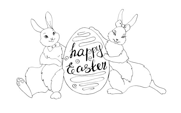 可爱的轮廓复活节兔子与蛋形框架。配对插图的男孩和女孩兔子。复活节人物和背景图片下载