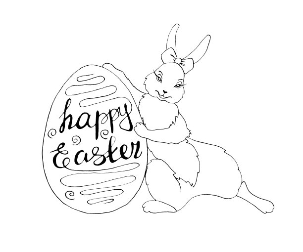 可爱的轮廓复活节兔子与蛋形框架。配对插图的男孩和女孩兔子。复活节人物和背景图片下载